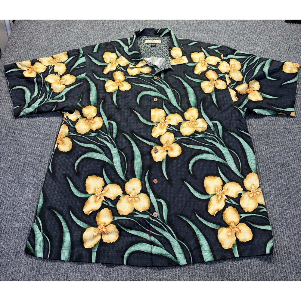 Tommy Bahama Relax Silk Floral Shirt Mens XL Black Yellow Hibiscus Button Up